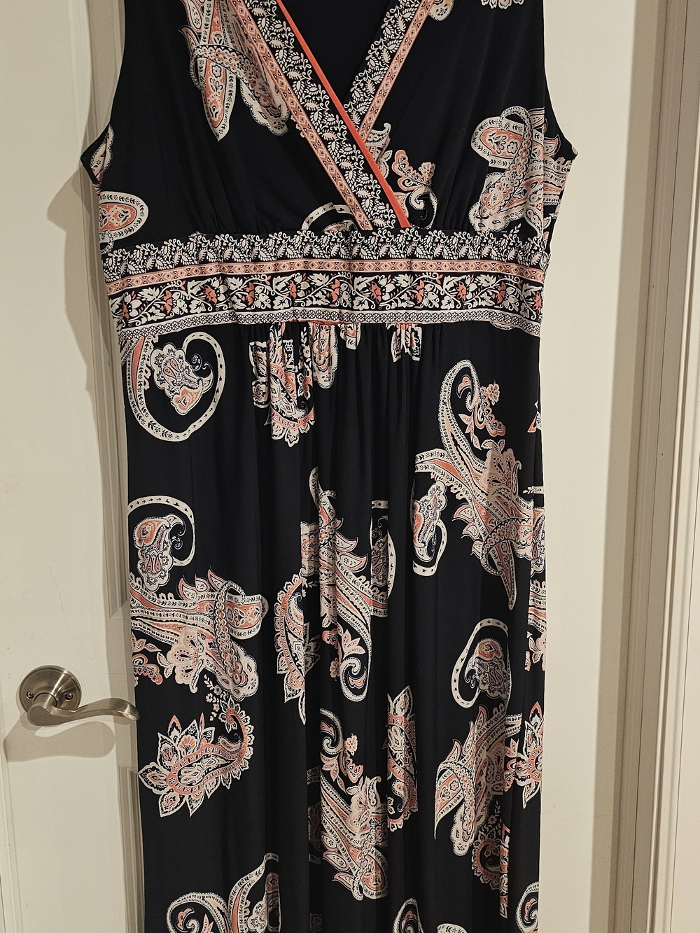 Studio One Black Paisley Wrap Maxi Dress with Coral Accents